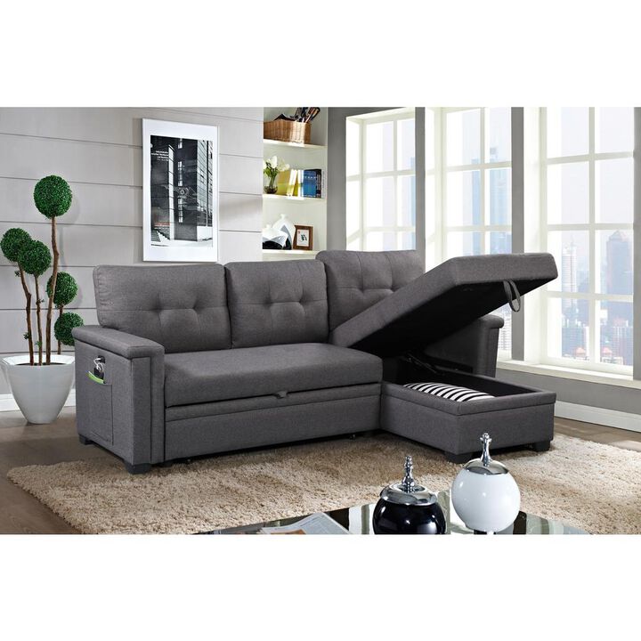 Lilola Home Ashlyn Dark Gray Reversible Sleeper Sectional Sofa with Storage Chaise, USB Charging Ports and Pocket