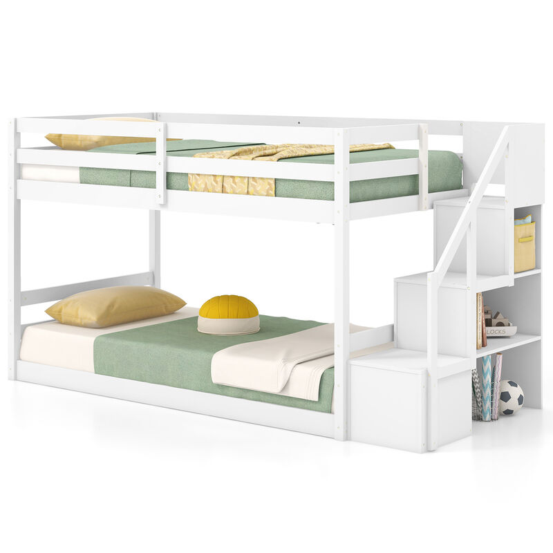 Wooden Bunk Bed Frame with Built-In Storage Stairs and Low Floor Profile