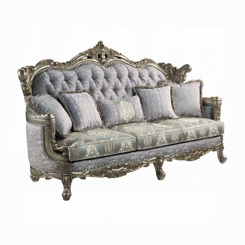 Royale Sofa, 5 Throw Pillows, Gray Fabric, Antique Bronze Wood 91 Inch