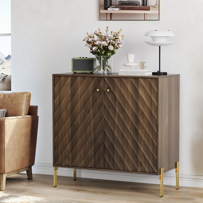 TATEUS Walnut Finish Mid-Century Buffet Cabinet – 4-Door Sideboard for Entryway