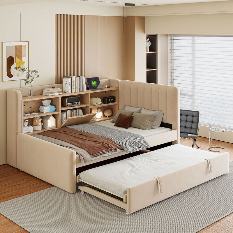 Merax Twin Size Upholstered Daybed with Pull-Up Trundle