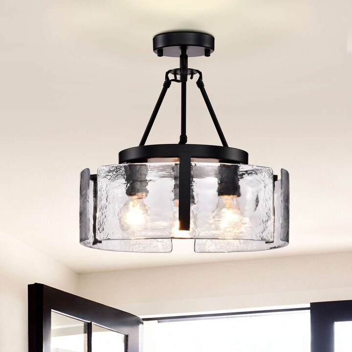 Cintia Black 3-Light Water Textured Glass Panel Drum Semi Flush Mount