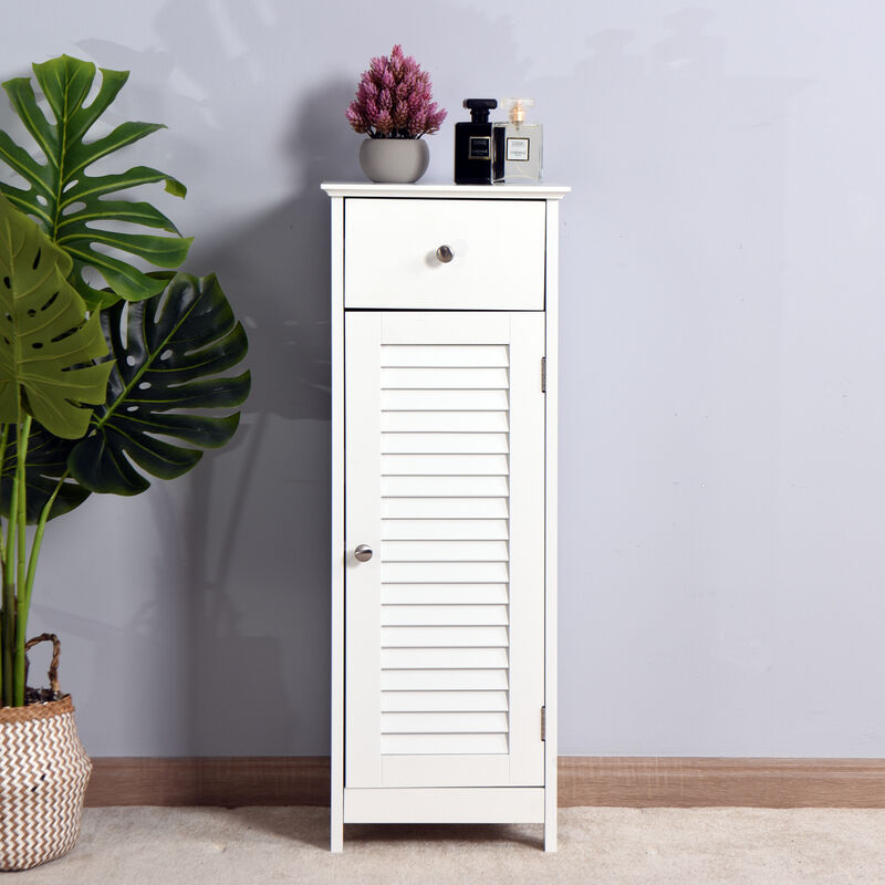 Bathroom Floor Cabinet Storage Organizer Set with Drawer and Single Shutter Door Wooden White