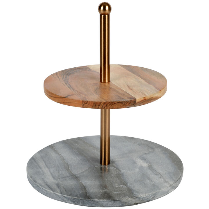 Laurie Gates California Designs Grey Marble and Acacia Wood 2 Tier Server