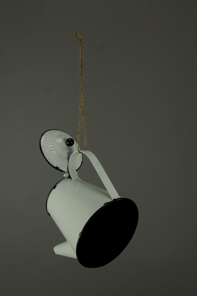 White Enamel Metal Rustic Tea Kettle Decorative Outdoor Hanging Birdhouse Small image number 2