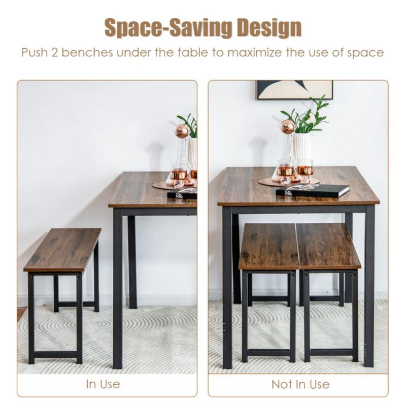 Hivvago 3 Pieces Dining Table Set with 2 Benches for Dining Room Kitchen Bar
