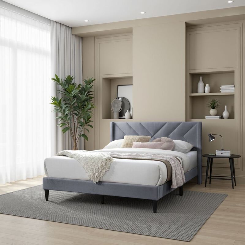 Reno Queen Size Bed, Modern X Channel Tufted Gray Velvet Upholstery - Benzara