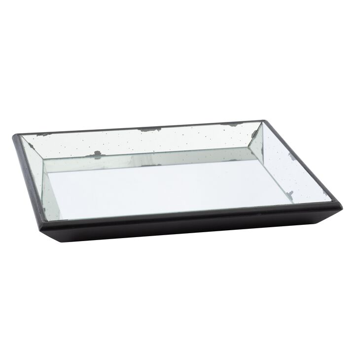 24 Inch Square Decorative Tray with Mirrored Surface, Modern Style, Black - Benzara