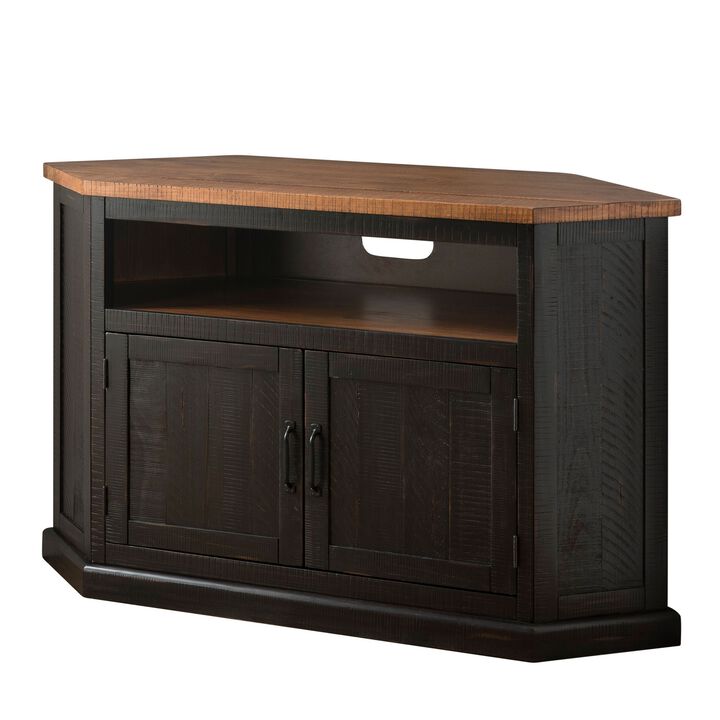Rustic Style Wooden Corner TV Stand with 2 Door Cabinet, Brown-Benzara