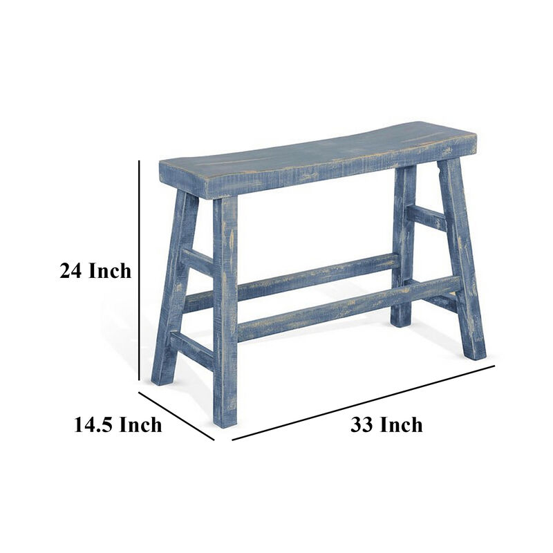 Rena Counter Height Bench | Trestle Legs with Footrests | 33" Wide Ocean Blue Mahogany Wood Frame - Benzara