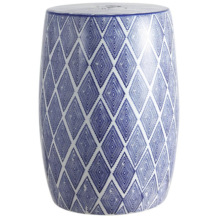 Moroccan Diamonds 18" Ceramic Drum Garden Stool, Blue/White
