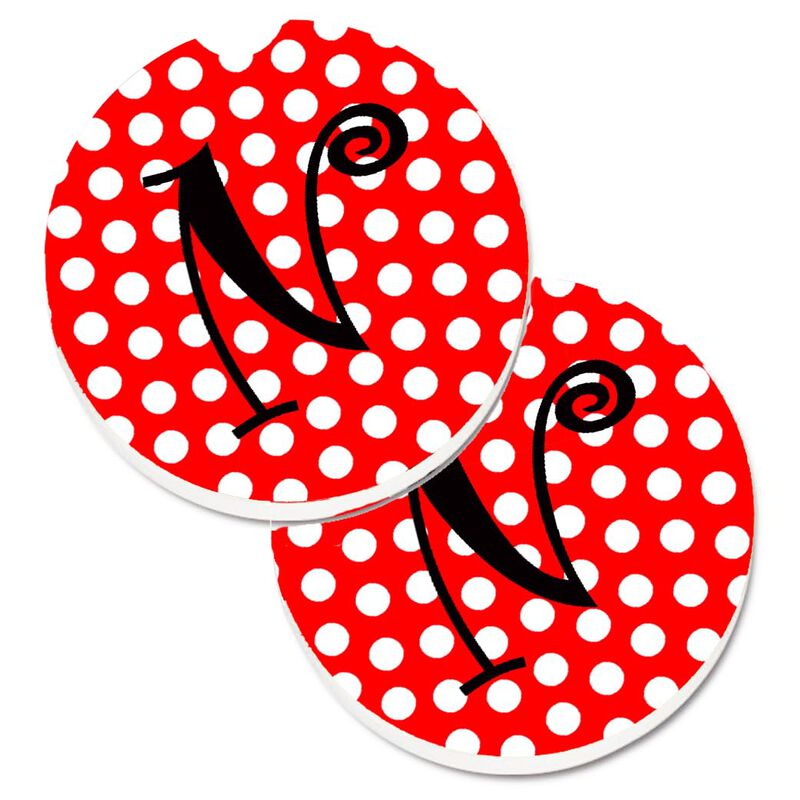 Caroline's Treasures Letter N Initial Monogram Red black Polka Dots Set of 2 Cup Holder Car Coasters CJ1012-NCARC, 2.56, Multicolor