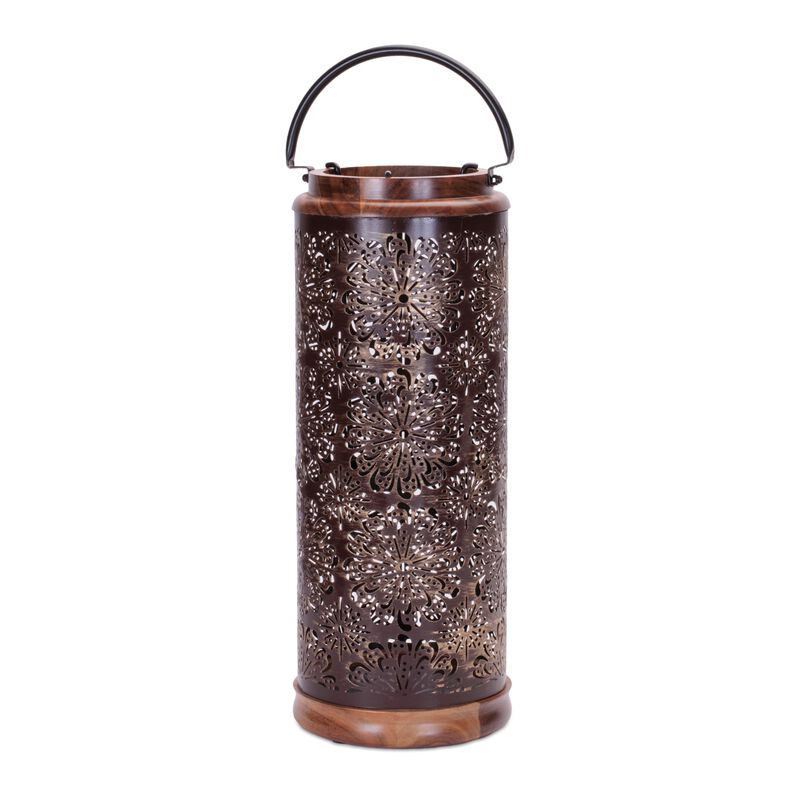 Punched Metal Lantern with Wood Accents for Rustic Entryway or Tabletop Decor