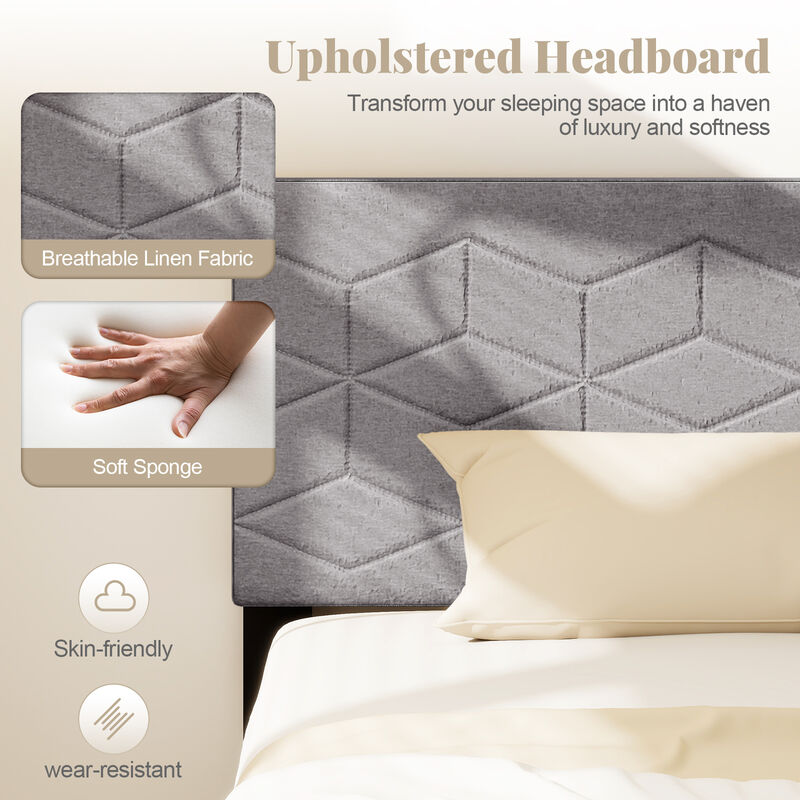 Platform Bed Frame with Linen Upholstered Headboard, Modern Style image number 5