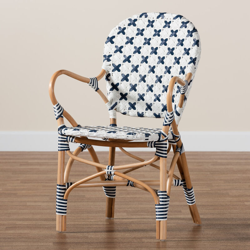 Bali & Pari Bryson Modern French Blue and White Weaving and Natural Rattan Bistro Chair