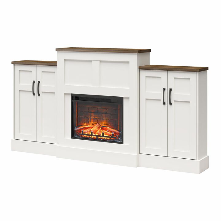 Hattie Mantel with Electric Fireplace and Built-In Side Storage Cabinets, White with Brown Oak