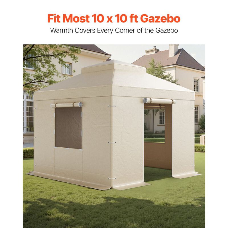 PE Gazebo Winter Cover with Sidewalls, Double-Tier Roof & Mesh Window Enclosure-Beige image number 4