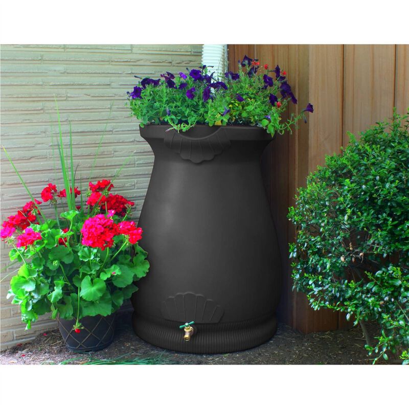 Weather-Resistant Plastic Urn Rain Barrel with Integrated Planter &ndash; 65 Gallons