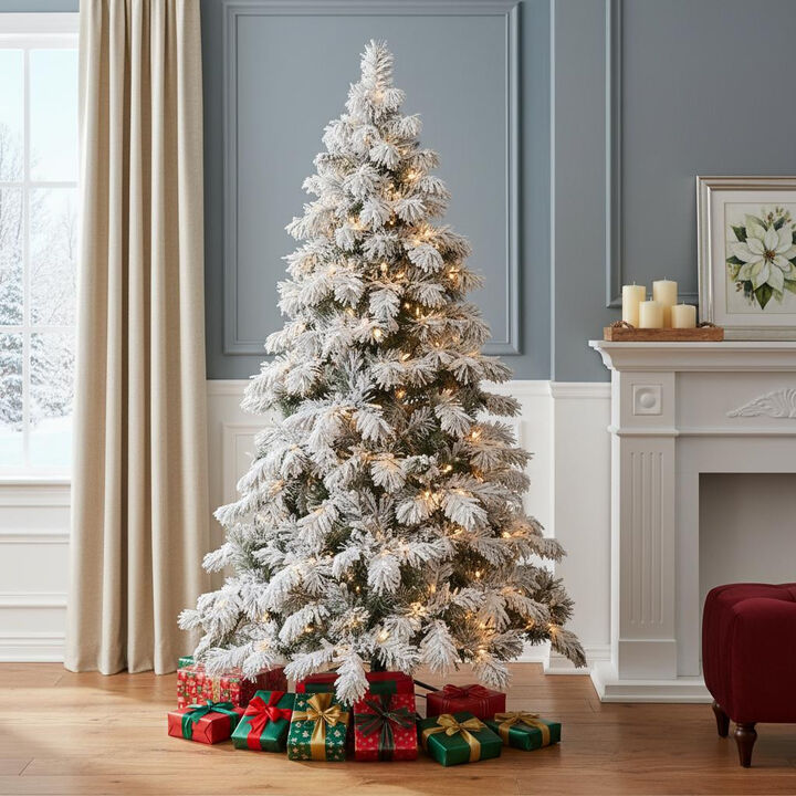 HomeRoots 7' Pre Lit Full Flocked Pine Christmas Tree