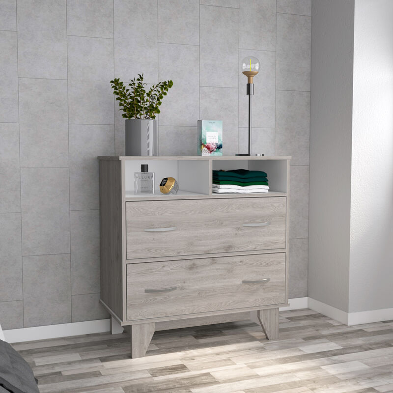 DEPOT E-SHOP Stamford Two Drawer Dresser, Four Legs, Two Open Shelves, Superior Top, Black