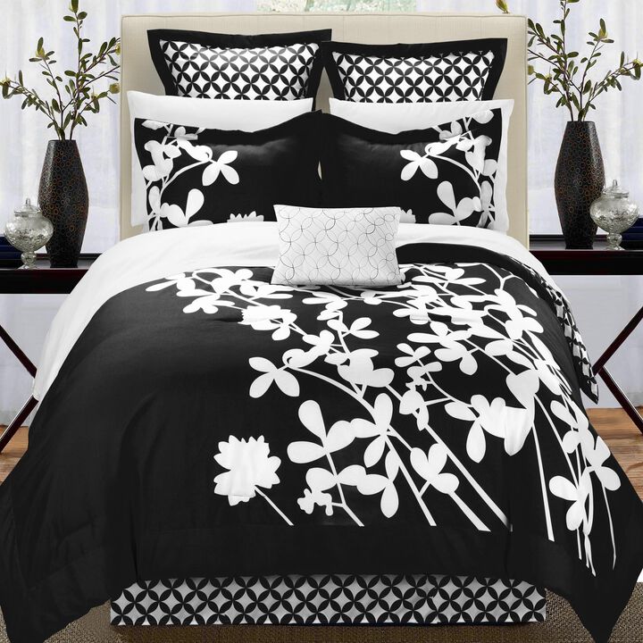Chic Home Iris Elegant Reversible Contrast Luxury 7 Pieces Comforter Set - Queen 90x90, Black