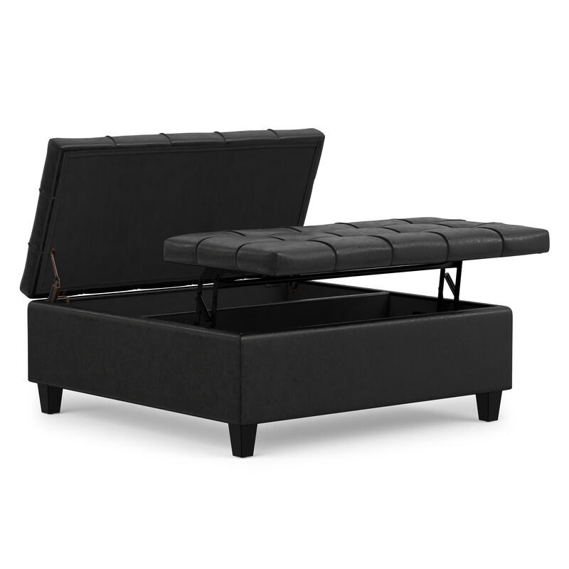 Harrison 40 inch Wide Transitional Square Large Coffee Table Storage Ottoman in Distressed Black Vegan Faux Leather, Assembled image number 0