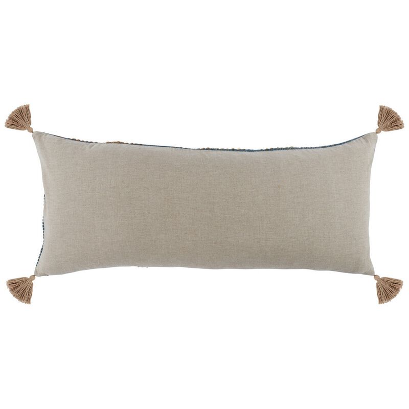 16 x 36 Accent Lumbar Pillow, Down, Blue Wool, Jute Woven Details, Tassels-Benzara