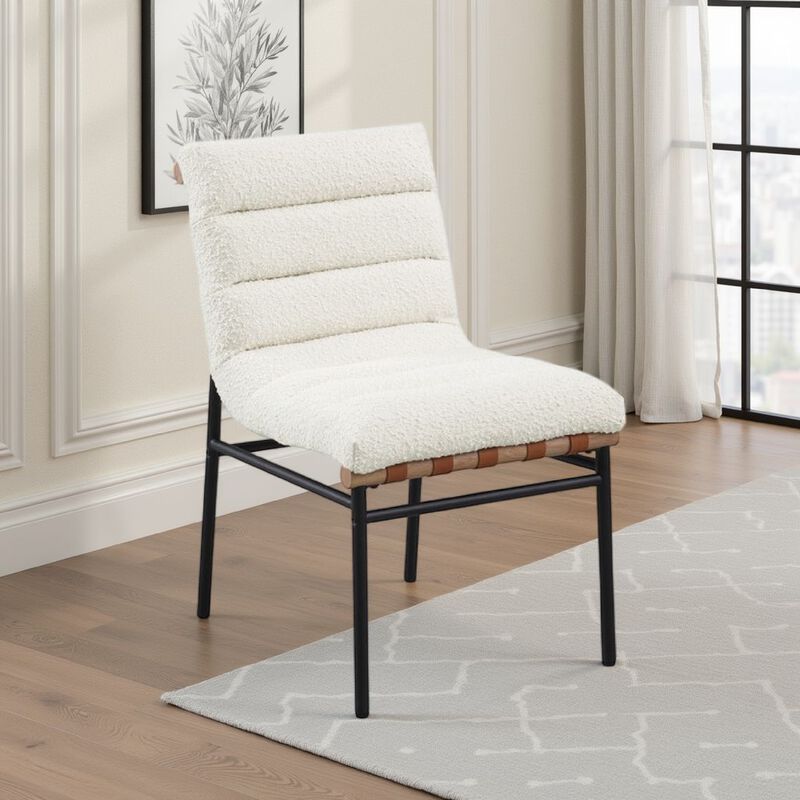 Kive Dining Chair Set of 2, Black Iron Legs, White Channel Tuft Boucle