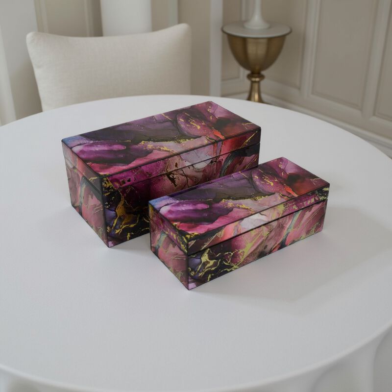 Dory Decorative Box Set of 2, Pink Gold Faux Agate Stone Accent Glass - Benzara
