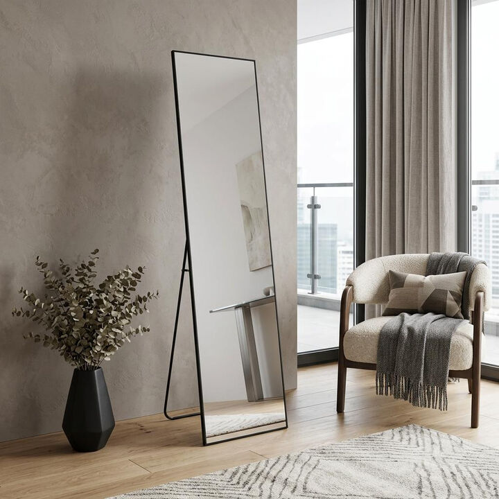 HomeRoots 64" Black Aluminum Freestanding And Wall Mounted Framed Full Length Mirror