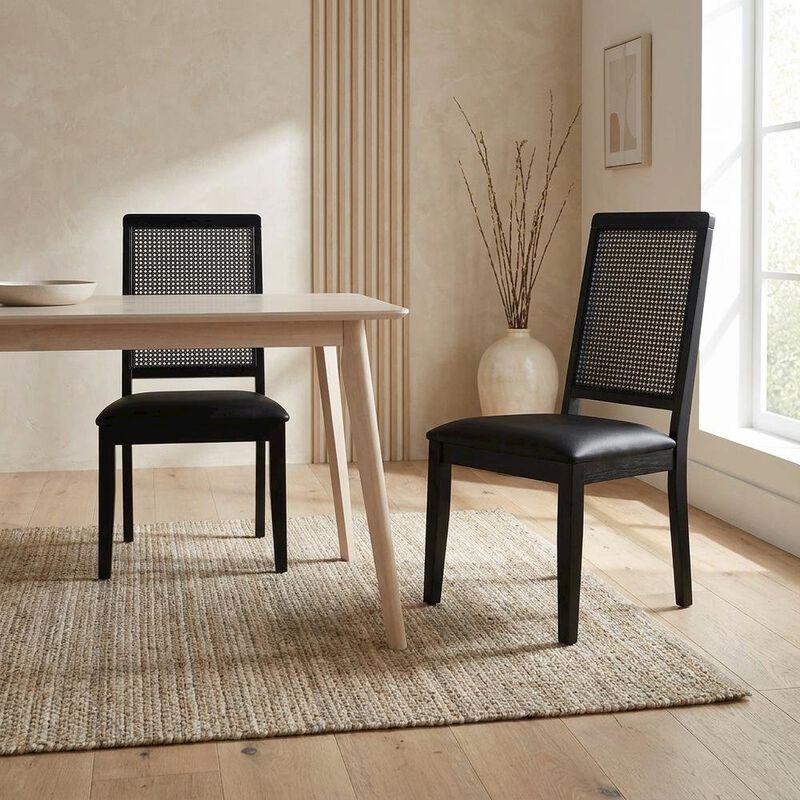 Vegan Leather Upholstered Faux Rattan Dining Chairs, Black Black, Set of 2 image number 5