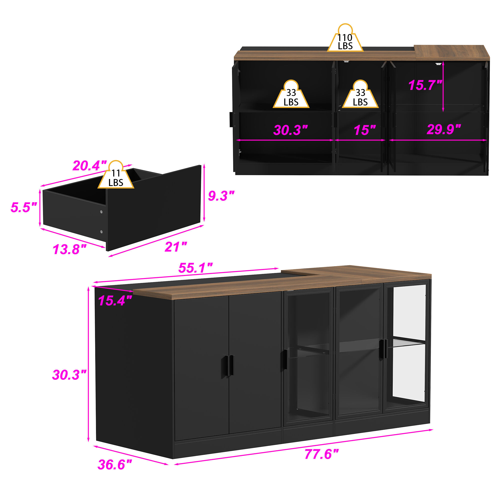 FUFU&GAGA Black Mdf Base with Mdf Top Kitchen Island (36.6-in x