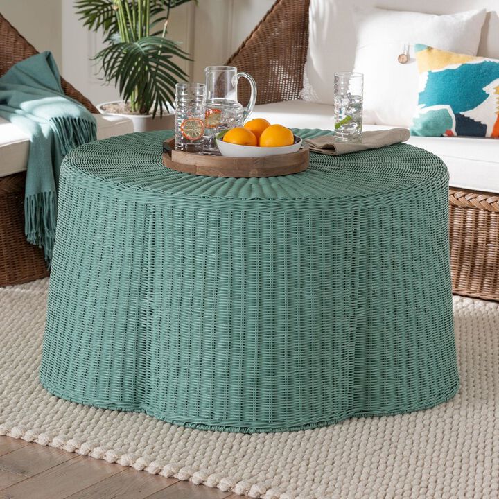 bali & pari Palm Bohemian Seafoam Green Scalloped Rattan Coffee Table