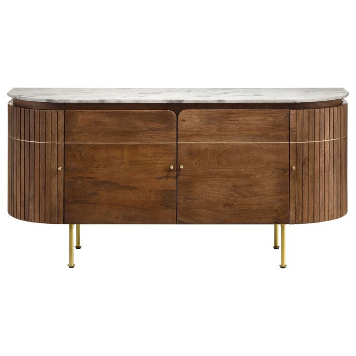 Evi 63 Inch Dining Sideboard Server, White Curved Marble Top, Brown, Brass