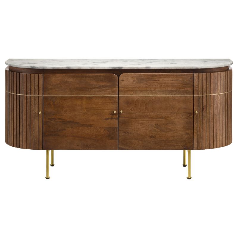 Evi 63 Inch Dining Sideboard Server, White Curved Marble Top, Brown, Brass image number 1