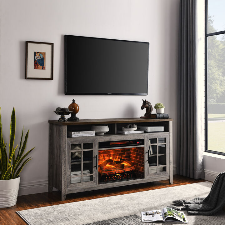 55 Inch TV Media Stand with Electric Fireplace KD Inserts Heater, Gray Wash Color