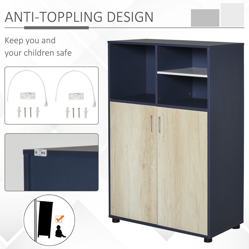 Multifunctional Storage Cabinet with Doors and Display Shelves for Books  Photos  Blue and Natural Wood