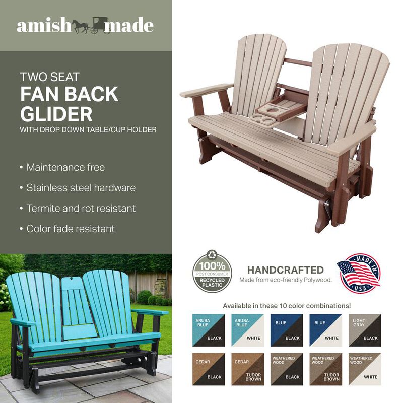 American Furniture Classics Two Seat Fan Back Glider with Drop Down Table/Cup Holder in Cedar