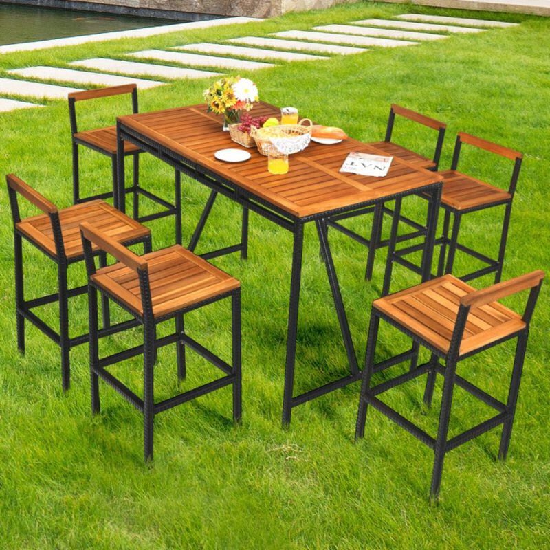 Hivvago 7 Pieces Acacia Wood Patio Rattan Bar Set with Umbrella Hole