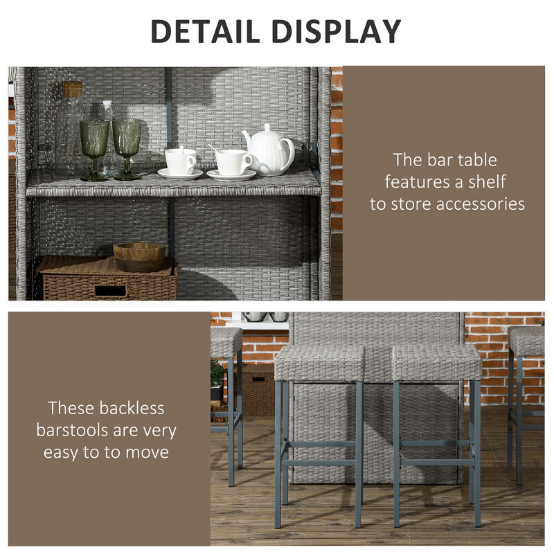 Outsunny 5 Piece Rattan Wicker Bar Set, High Top Outdoor Table and Chairs, Bar Height Patio Set with Glass Tabletop, 2 Tier Storage Shelf, and 4 Bar Stools for Garden, Poolside, Gray