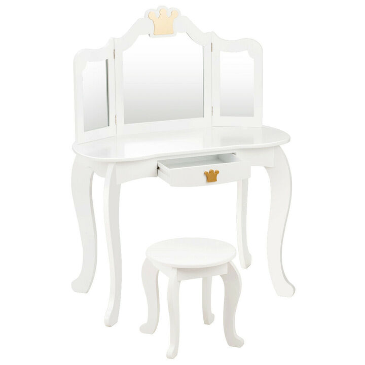 Kids Makeup Dressing Table with Tri-folding Mirror and Stool