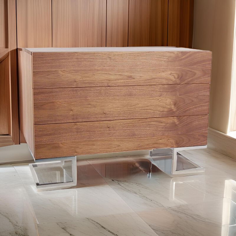 Sam 39 Inch Dresser, 3 Drawers, Sleek Chrome Steel Legs, Walnut Brown Wood