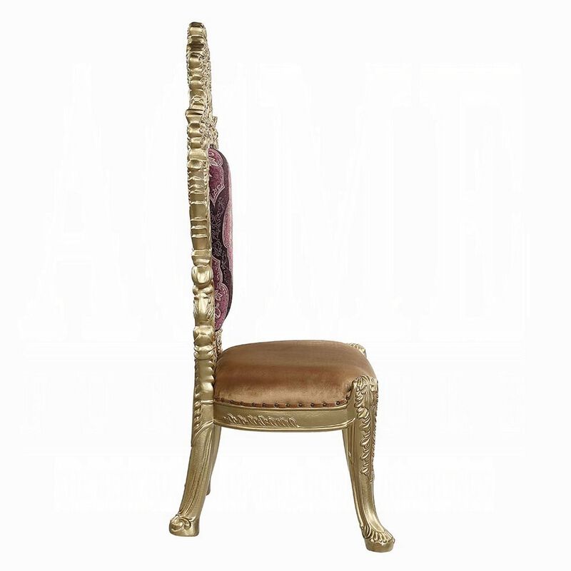 Rexx Side Dining Chair Set of 2, Crown Top, Nailhead Trim Gold and Red - Benzara