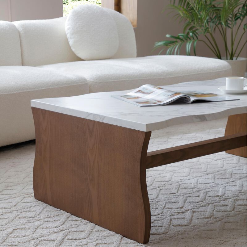 Whisper of Waves Modern Coffee Table with Faux Marble Top & Wood Tone Base image number 6