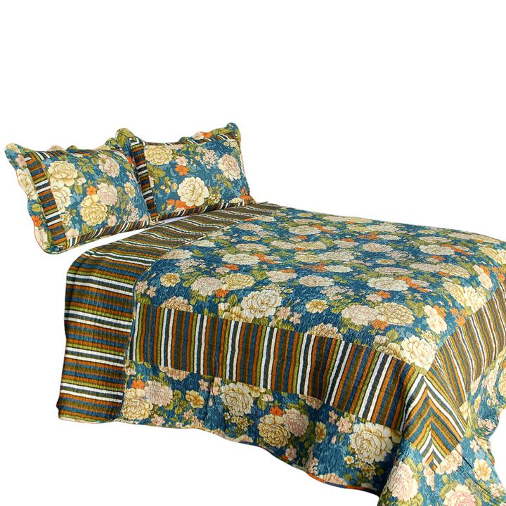 Queen Size Cotton 3-Piece Quilted Printed Quilt Set with Matching Pillow Shams