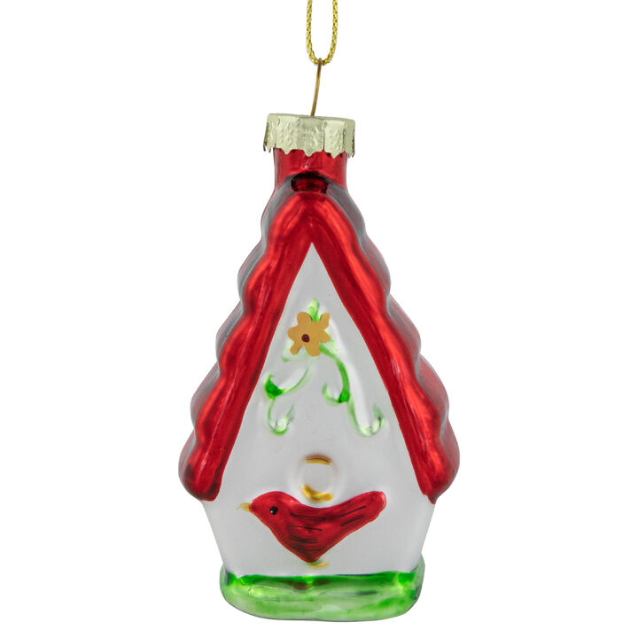 3.25" Red and White Birdhouse with Cardinal Glass Christmas Ornament