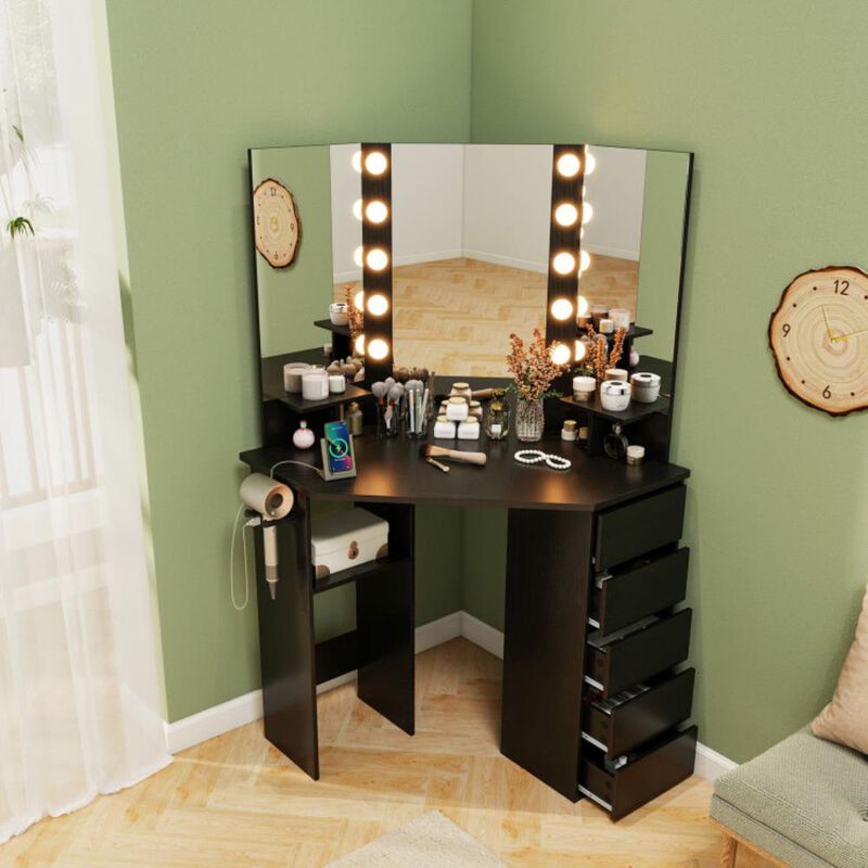 Hivvago Corner Vanity Desk with 3-Color LED Lighted Mirror and Power Outlet