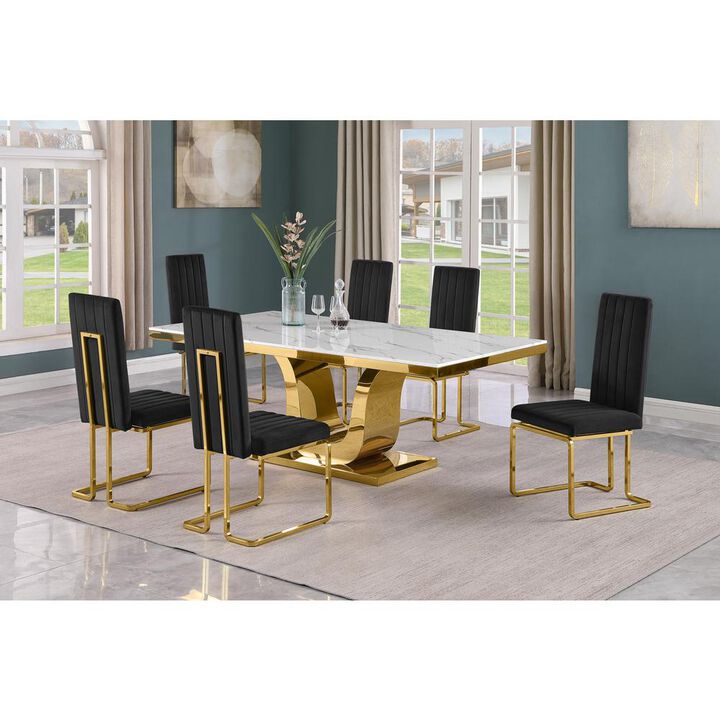 7pc Large(76") marble top dining set with gold base and 6 Black side chairs
