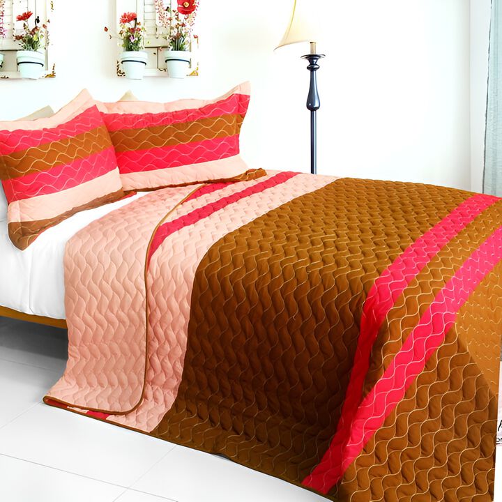 Soft Quiet Time 3 Piece Patchwork Quilt Set with Vermicelli Quilting-Coffee