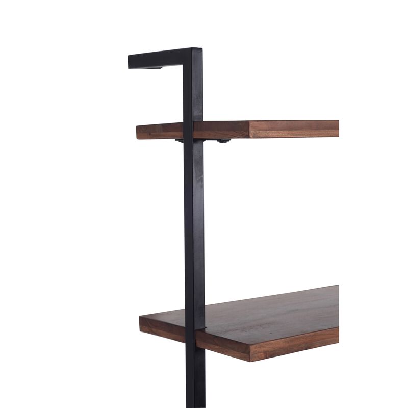 Industrial 3 Tier Mango Wood Ladder Storage Wall Shelf with Tubular Frame, Brown and Black - Benzara